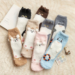 8 Pairs Cartoon Animal Print Fuzzy Warm Socks Women's Stockings