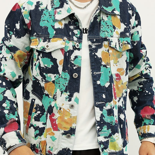 Men's Tie Dye Denim Jacket Street Style Button Up Jacket