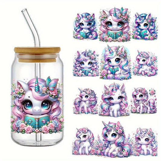 4 Watercolor Unicorn UV DTF Stickers 16oz Glass Cup Decals