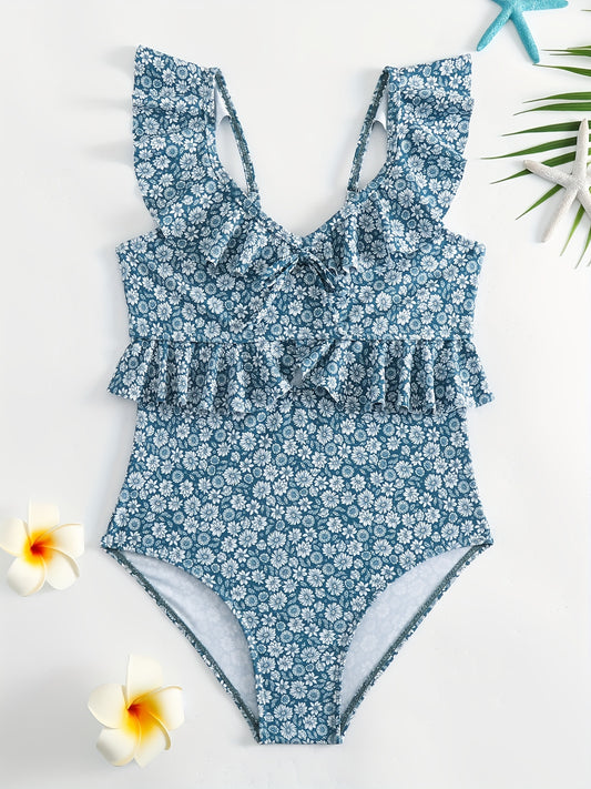 Girls Ruffle One Piece Swimsuit Floral Print Halter Neck for Beach Vacation
