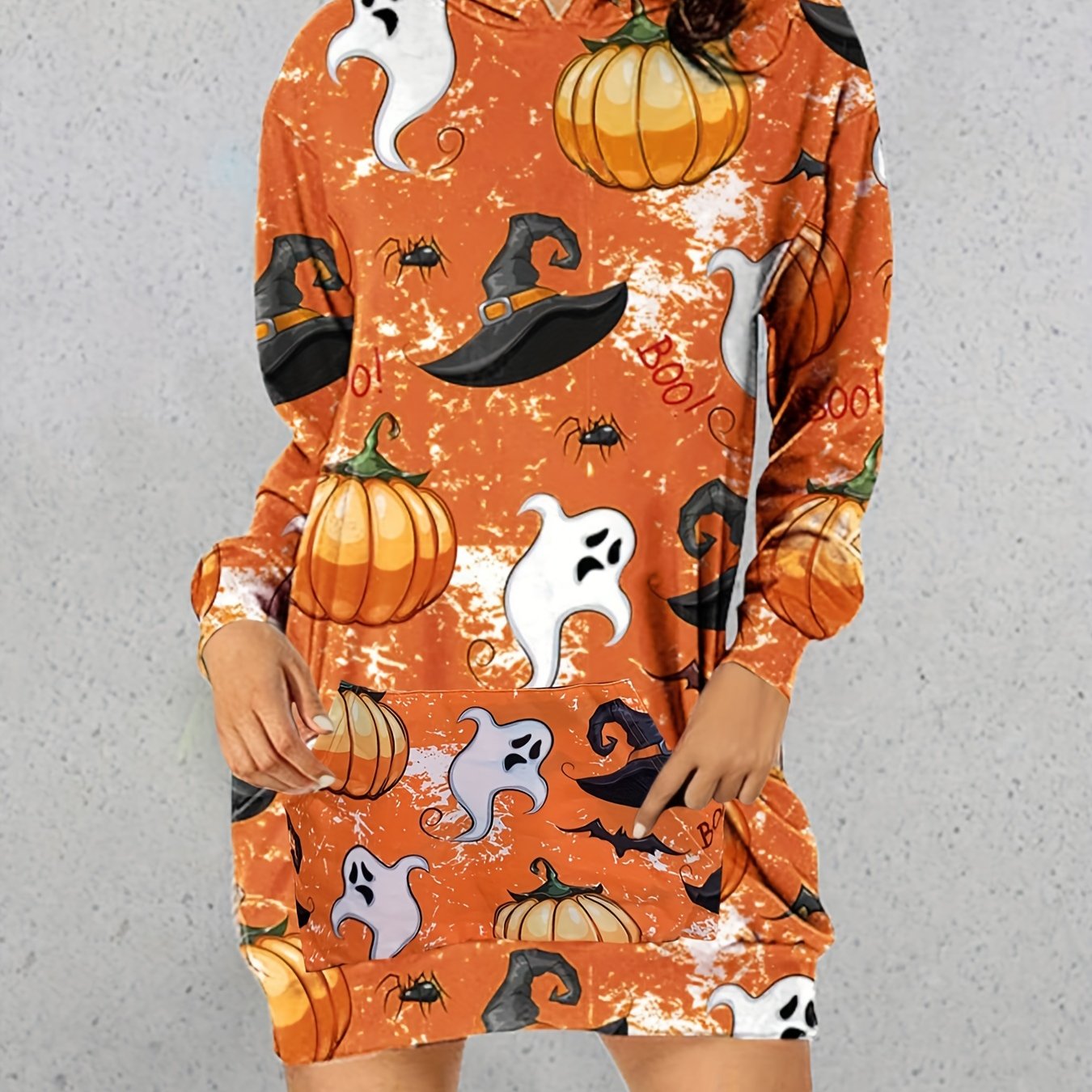  Pumpkin & Ghost Print Hooded Dress