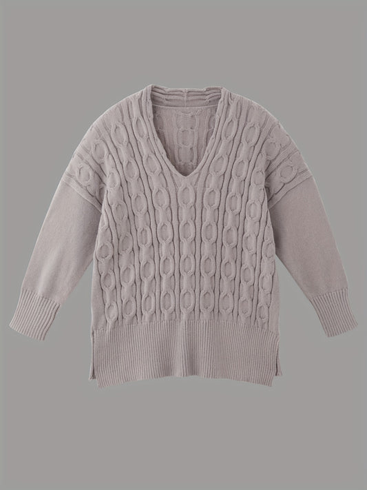  V-Neck Cable Knit Sweater - Long Sleeve Pullover Jumper