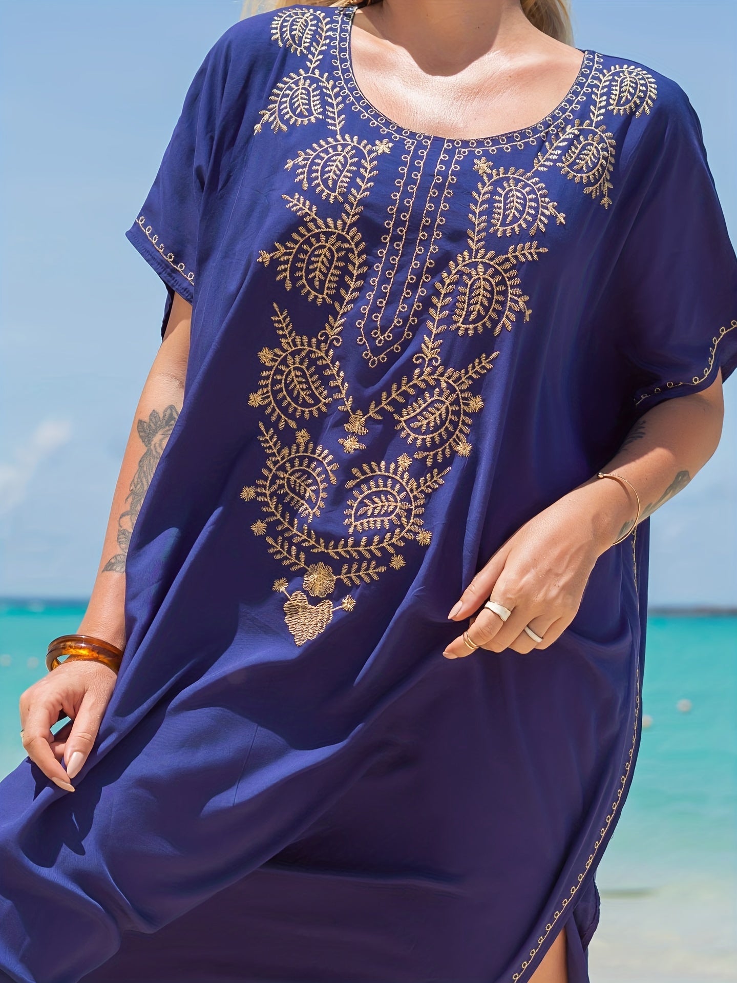  Boho Kaftan Dress Women's Plus Tribal Embroidered Batwing Sleeve