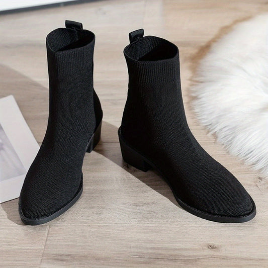 Women's Stretch Ankle Boots Knitted Chunky Heels Short Boots