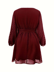  Chevron Print Mesh Lantern Sleeve Layered Dress With Belt