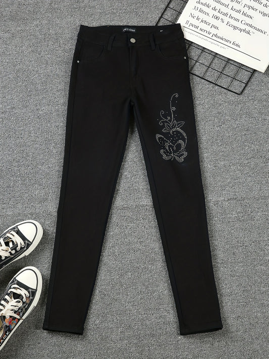 Glitter Flower Rhinestone Denim Pants Skinny Jeans Women's Clothing
