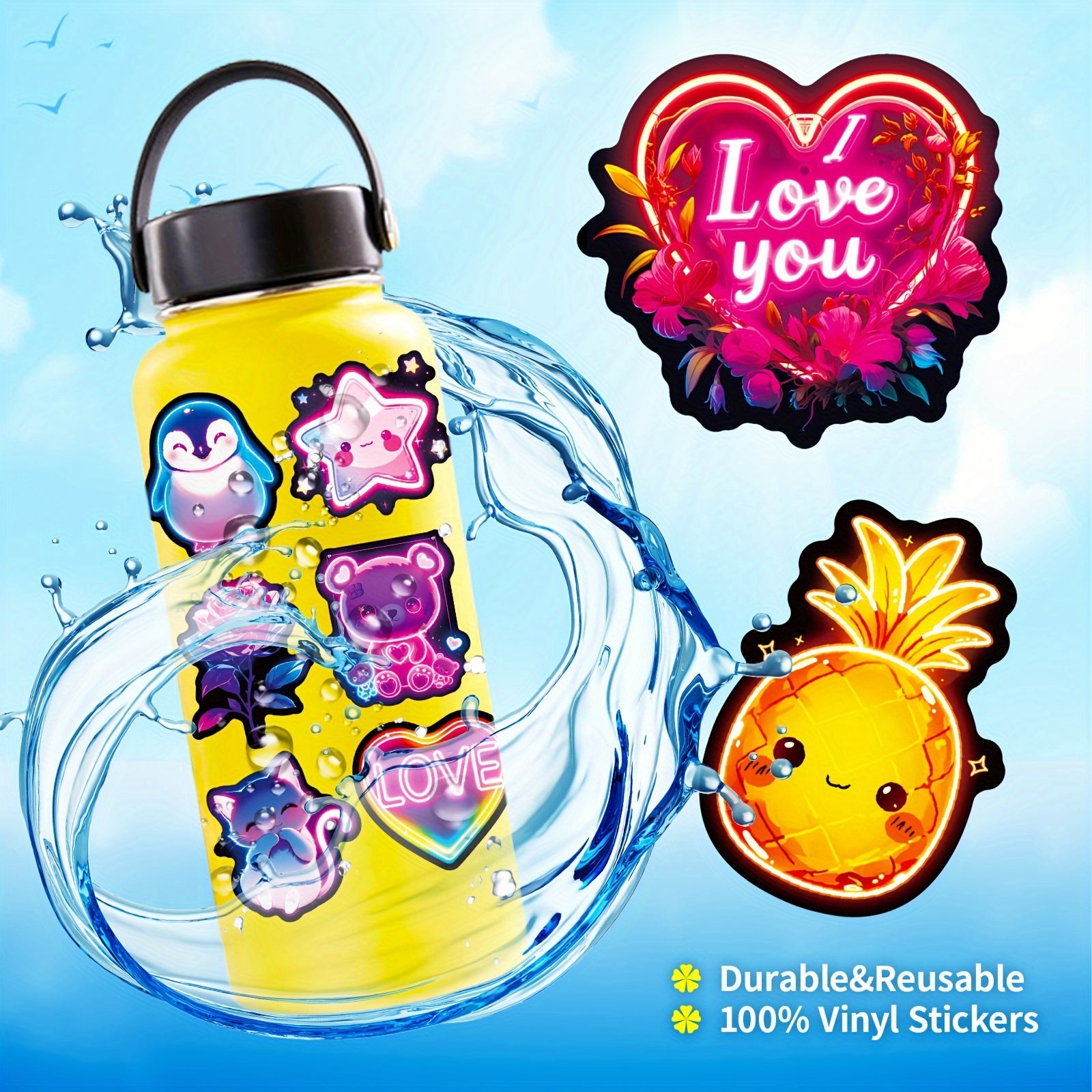 Neon Cartoon Stickers Pack of 50 Reusable Decals for Plastic Surfaces