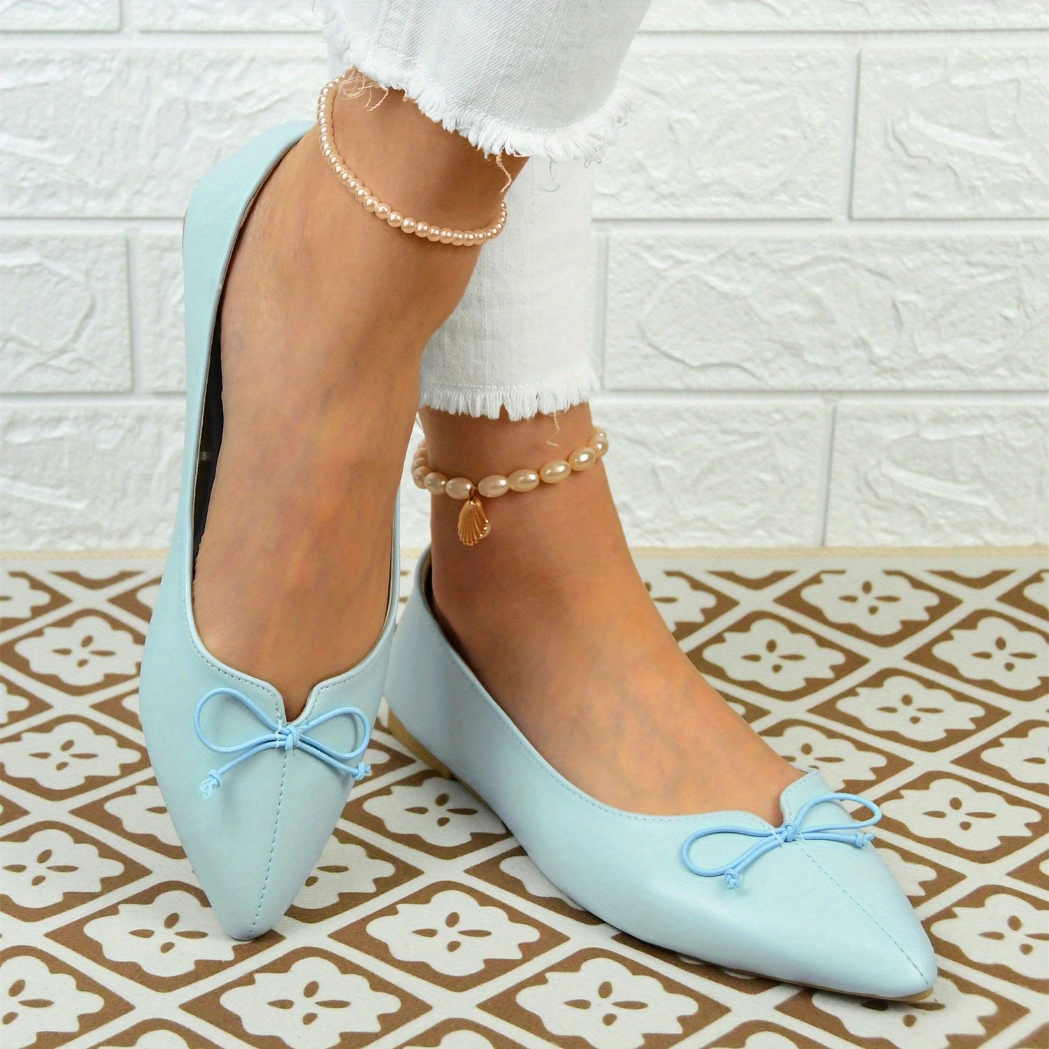 Women's Bowknot Ballet Flats Pointed Toe Slip On Faux Leather Shoes