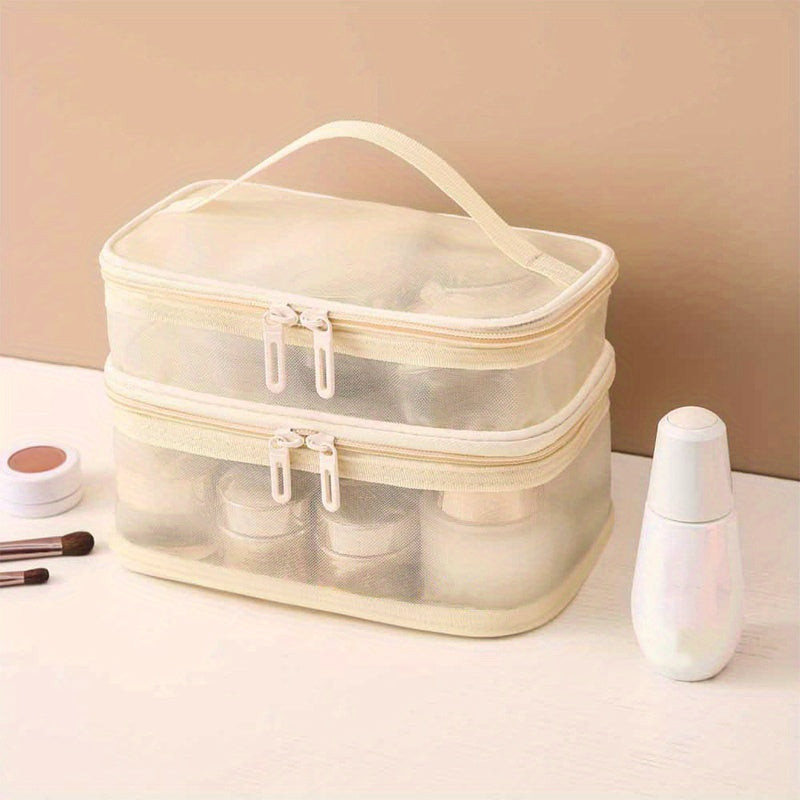 Portable Mesh Double Layer Cosmetics Bag - Large Capacity Toiletry Bag