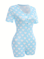 Heart Print Lounge Romper Sexy Short Sleeve Buttons Romper Women's Loungewear