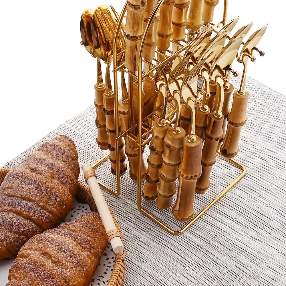 24pcs Stainless Steel Dinnerware Set With Bamboo Handles - Fork, Spoon, Rack