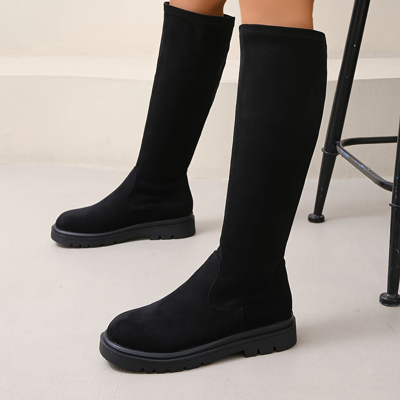 Women's Stretch Knee High Boots Solid Round Toe Pull On Long Boots Comfort