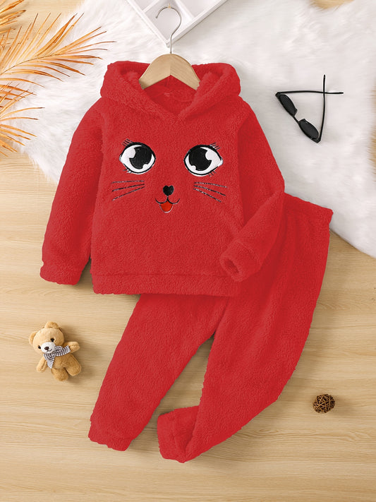 Girls Cartoon Fleece Hooded Sweatshirt & Pants Set