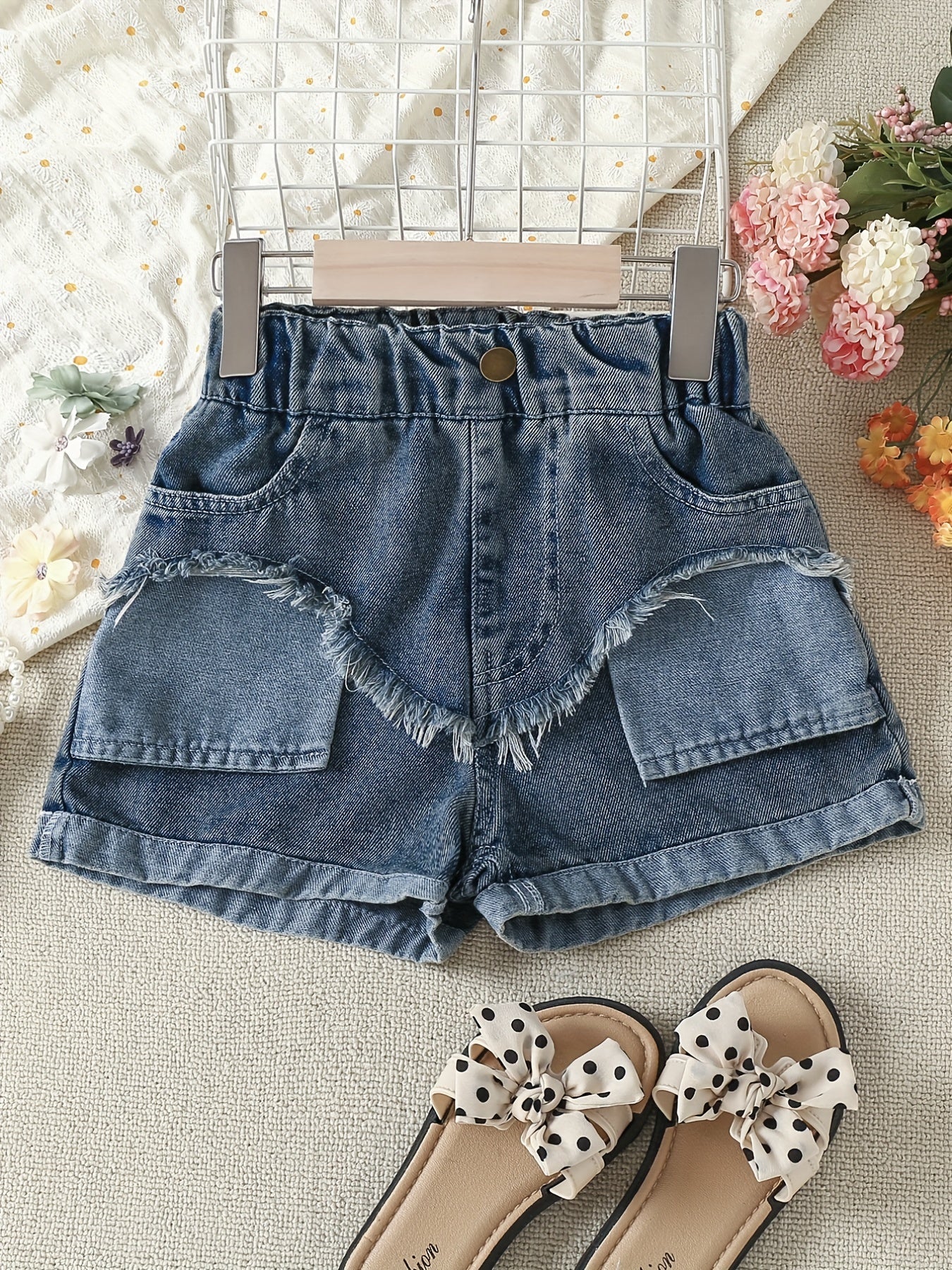 Girls Asymmetrical Denim Shorts with Raw Trim and Pockets