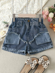 Girls Asymmetrical Denim Shorts with Raw Trim and Pockets