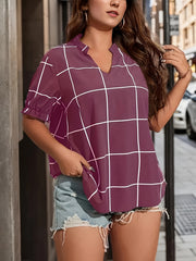  Grid Print Puff Sleeve Notched Neck Shirt Top