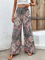 Paisley Print Wide Leg Pants High Waist Boho Long Length