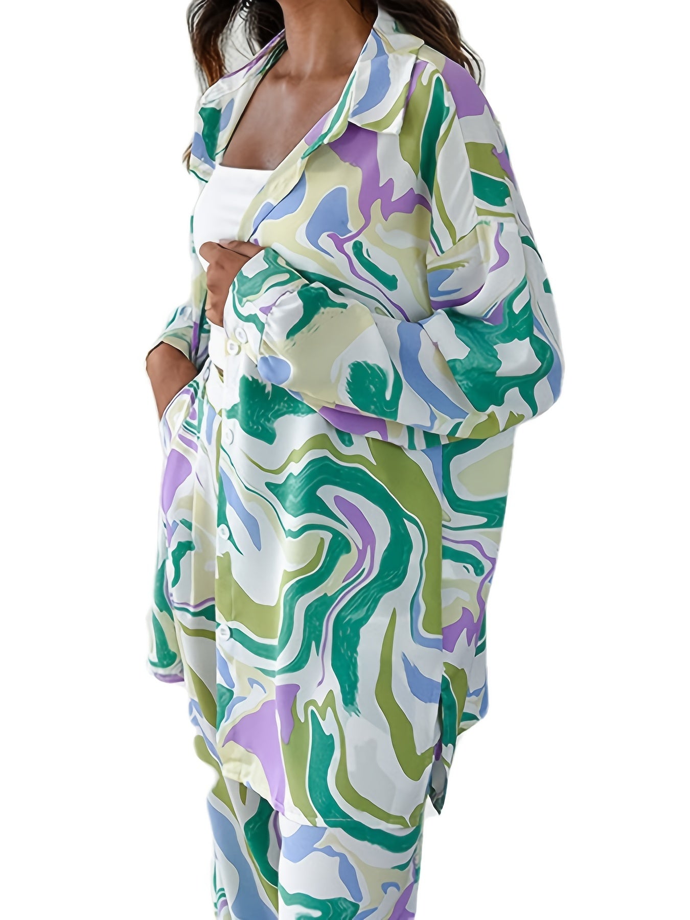 Women's Plus Marble Print Long Sleeve Button Up Shirt & Wide Leg Pants Set