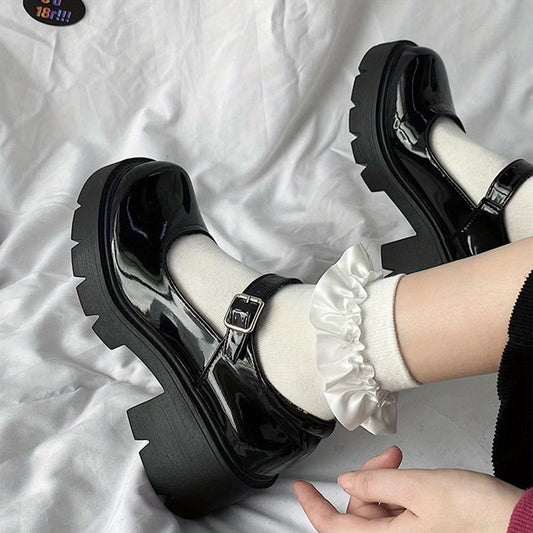 Women's Patent Mary Janes Round Toe Buckle Platform Shoes