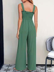 Solid Shirred Wide Leg Jumpsuit Sleeveless Casual Jumpsuit