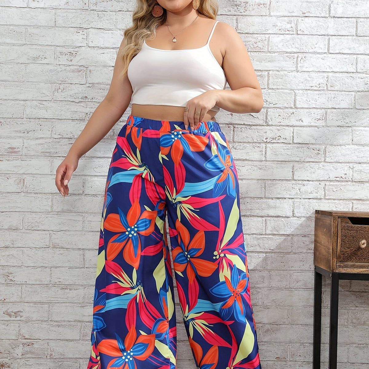  Boho Pants Women's Plus Floral Print Wide Leg Trousers