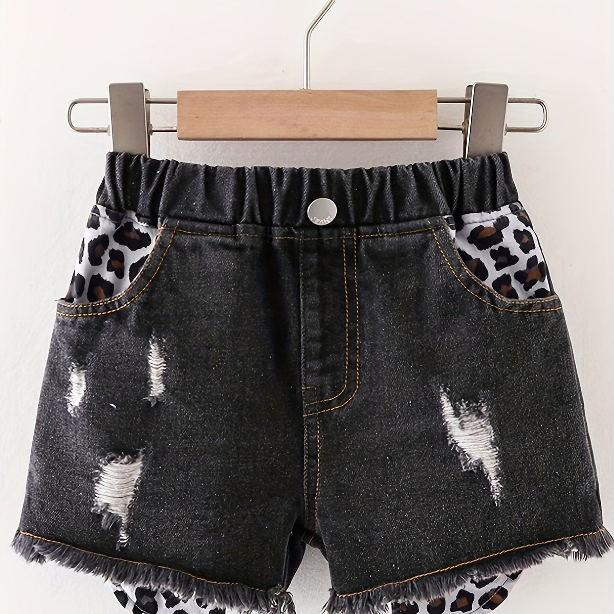 Girls Distressed Leopard Pattern Denim Shorts Kids Summer Beach Pants