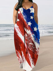  Flag Print V Neck Maxi Cami Dress With Pockets