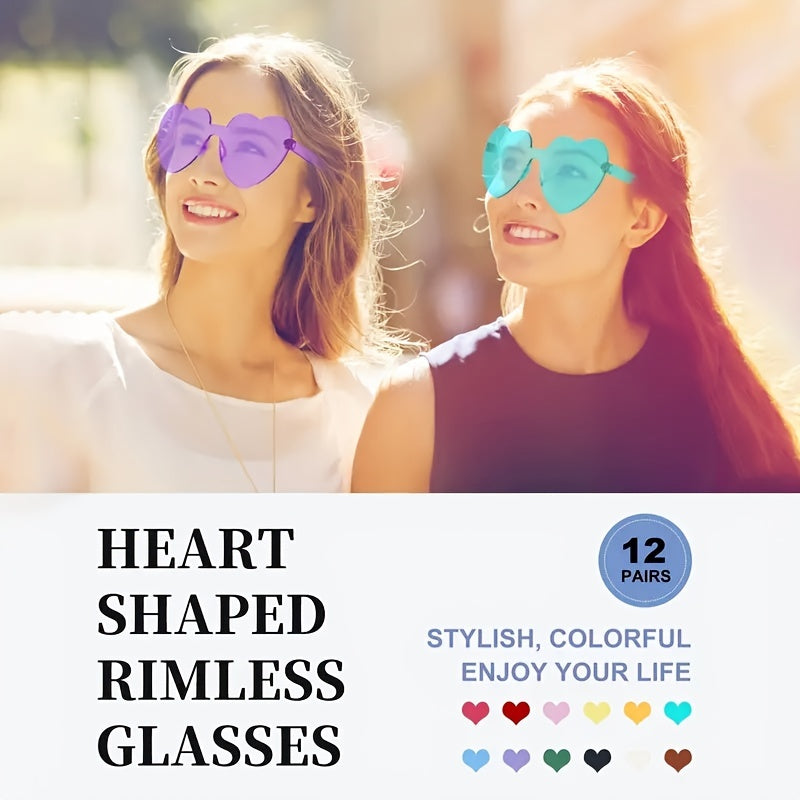 12 Pairs Heart Shape Sunglasses Candy Rimless Glasses for Party Favor Cosplay