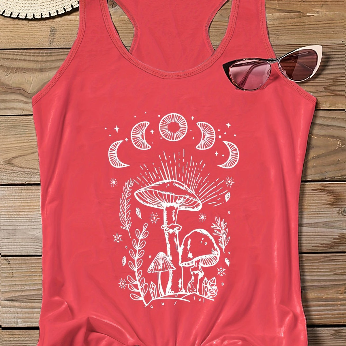  Mushroom Print Round Neck Tank Top