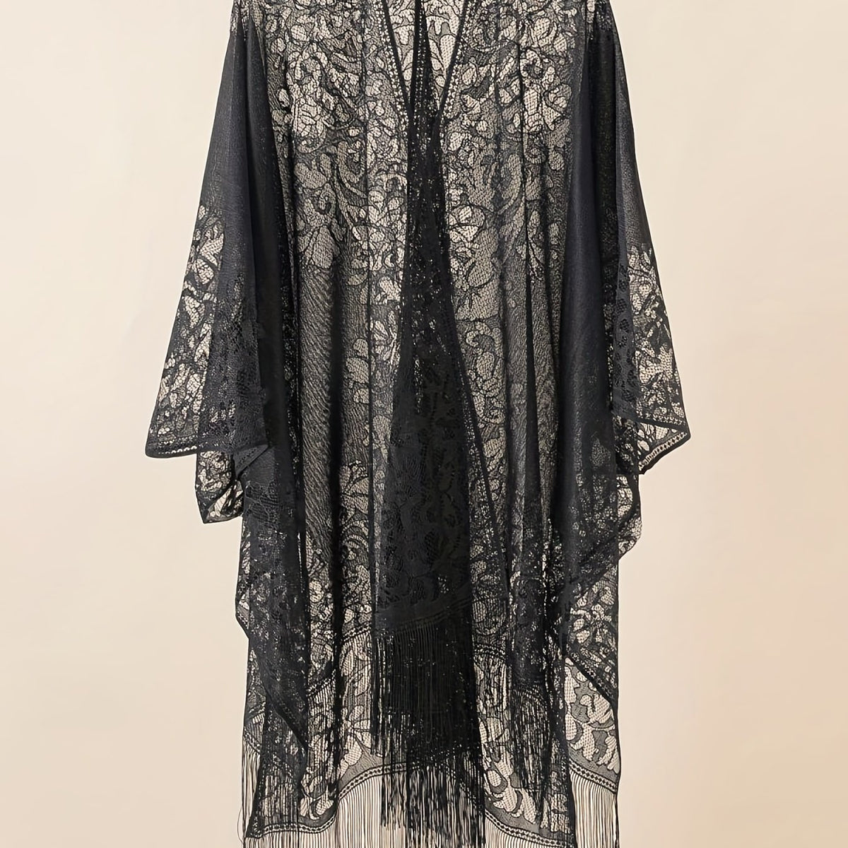  Lace Batwing Sleeve Beach Cover Up with Tassel Trim