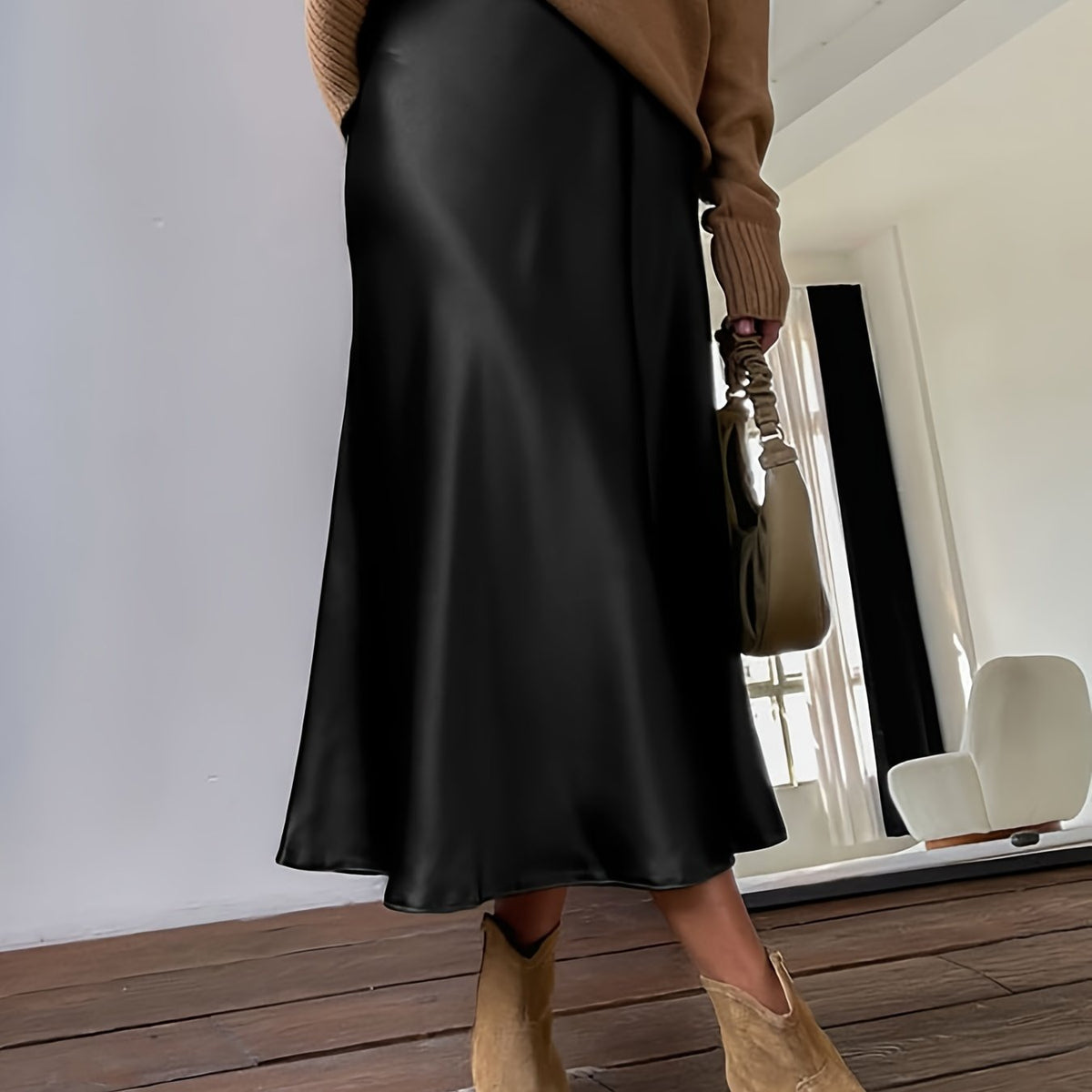 Vintage Satin Maxi Skirt High Waist Summer Casual Solid Retro Style