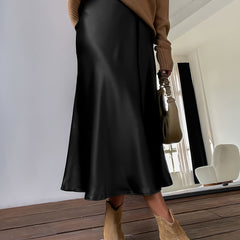 Vintage Satin Maxi Skirt High Waist Summer Casual Solid Retro Style