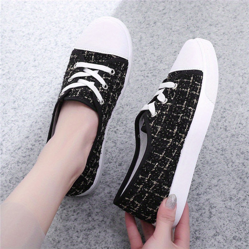 Women's Tweed Flat Sneakers Lace Up Casual Walking Shoes
