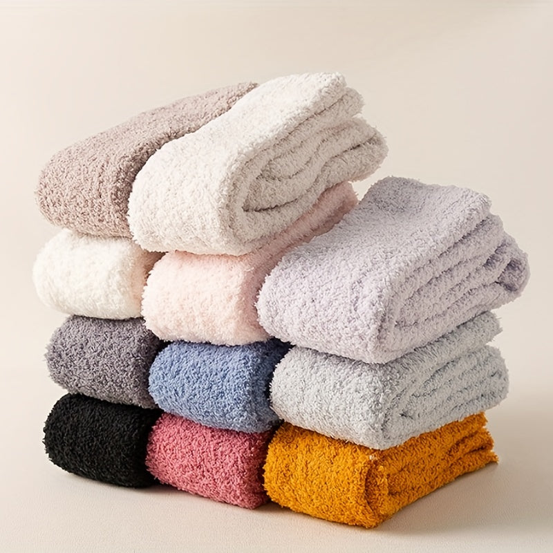 5 Pairs Solid Fuzzy Calf Socks Comfy & Warm Knee High Socks