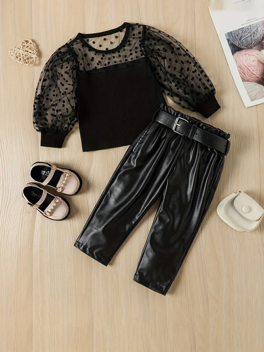 Girls Polka Dot Mesh Puff Sleeve Top & PU Leather Pant Set Spring Clothes