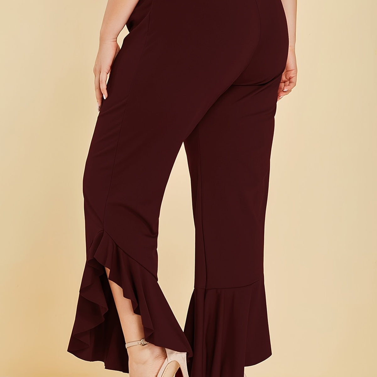  Ruffle Trim Split Pants Women's Plus Stretch Pants