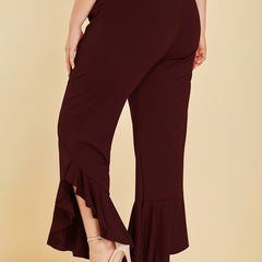  Ruffle Trim Split Pants Women's Plus Stretch Pants