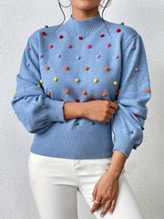 Colorful Thread Ball Decor Lantern Sleeve Mock Neck Sweater