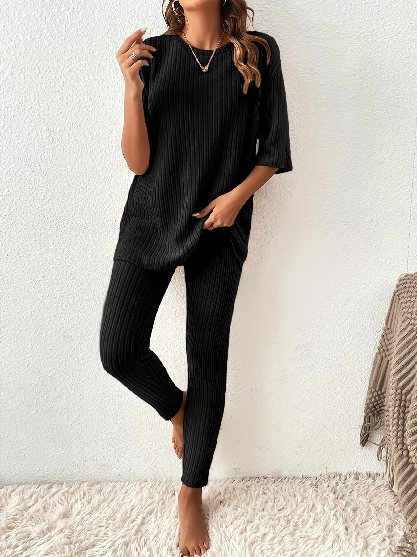 Casual Ribbed 2pc Set Top & Slim Pants Women's Outfit