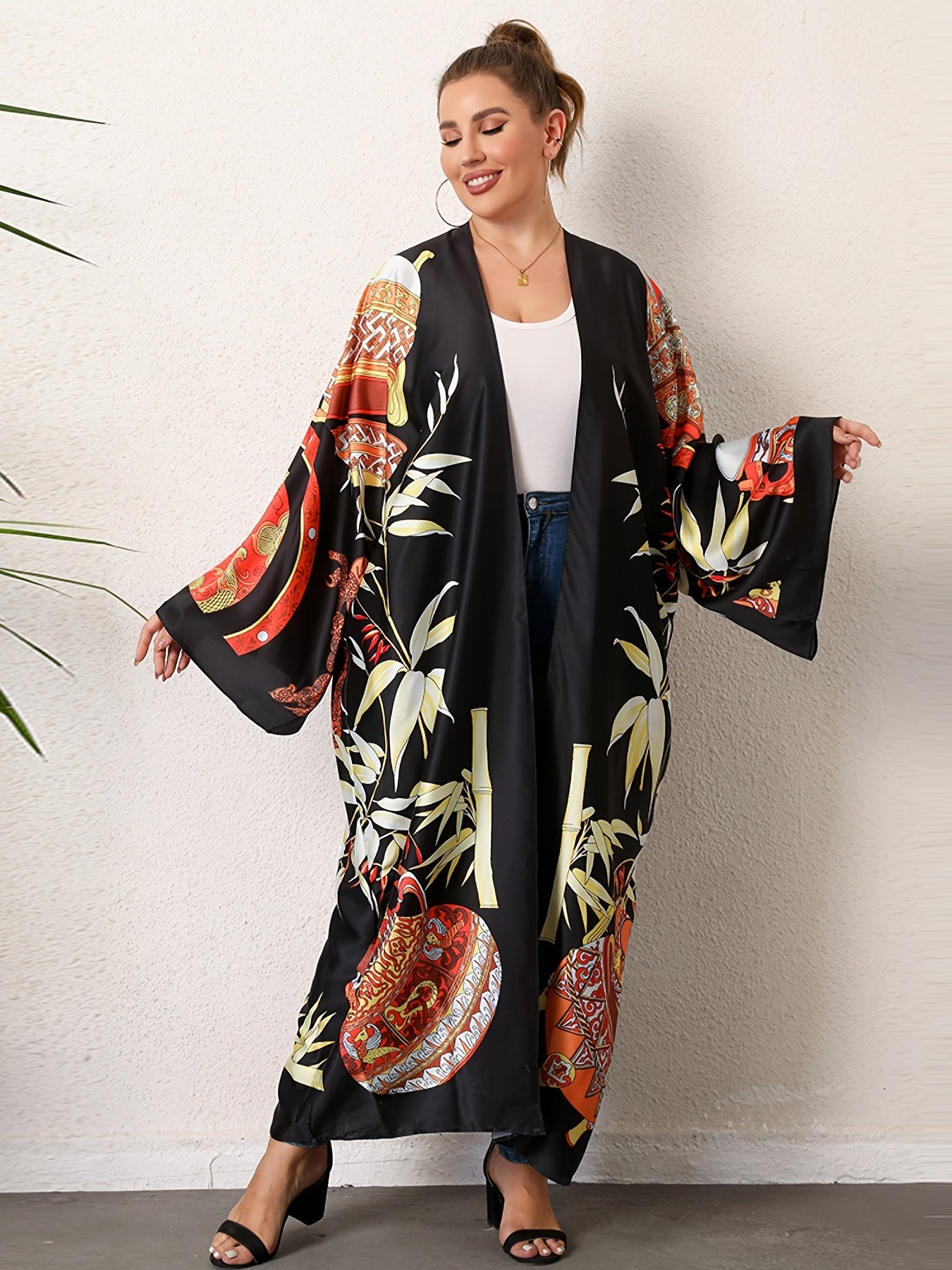 Boho Kimono Tribal Print Long Sleeve Beachwear