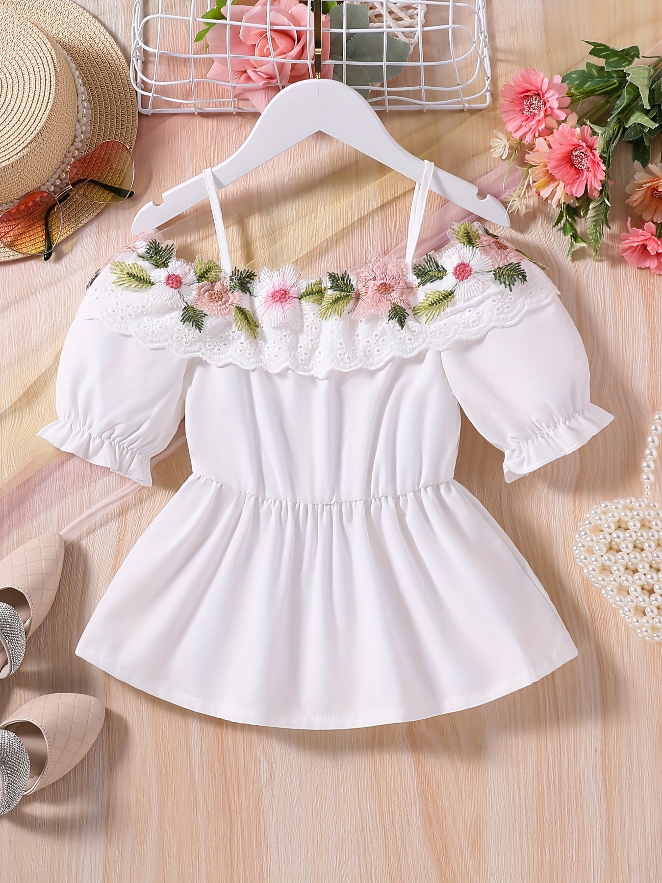 Girls Off Shoulder Flower Embroidery Tunic Shirt