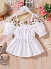 Girls Off Shoulder Flower Embroidery Tunic Shirt