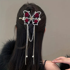 Vintage Butterfly Hair Pin Rhinestone Tassel Bun Holder