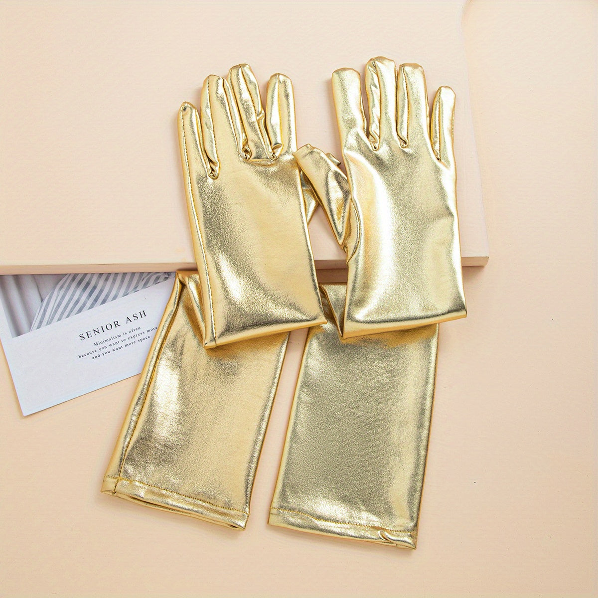 Bright PU Leather Long Gloves Golden Silvey Decorative Dress Gloves Accessories