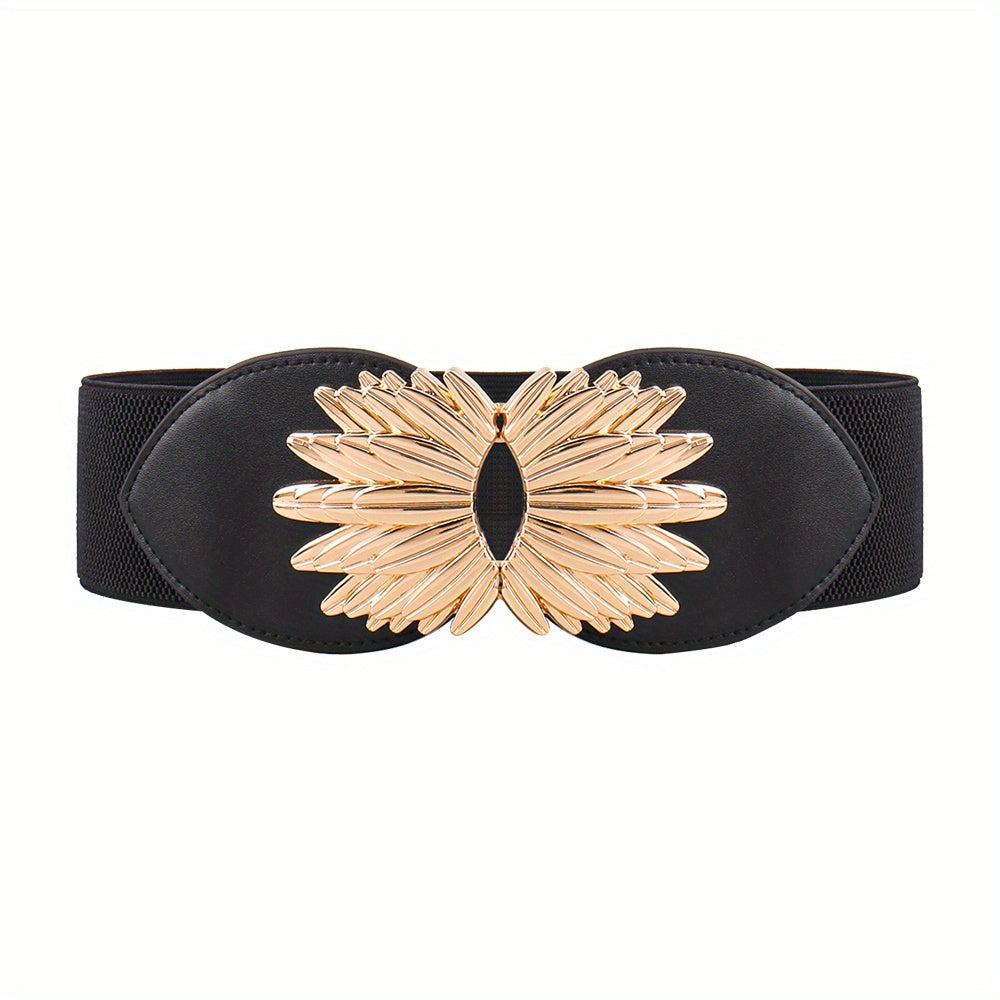 Vintage Golden Leaf Buckle Belt Elastic Wide Waistband for Women