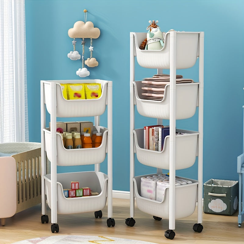 1pc Plastic Rolling Cart With Handle Storage Trolley Movable Storage Rack