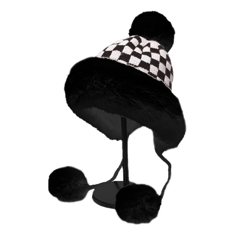 Fashionable Plaid Knit Plus Fur Ball Winter Hat