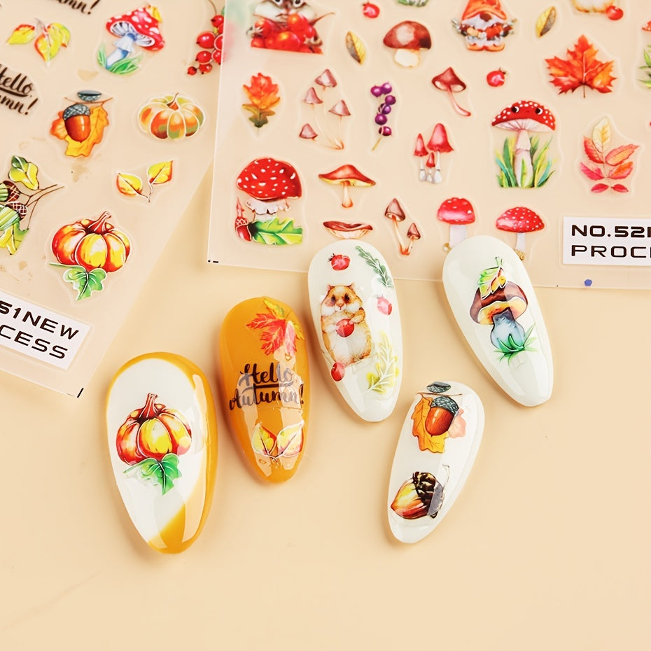 Fall Maple Leaf Nail Stickers Water Transfer 3D Squirrel Pumpkin Nail Decals