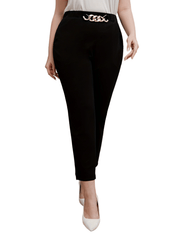  Solid Chain Decor Elastic High Rise Straight Leg Crop Trousers