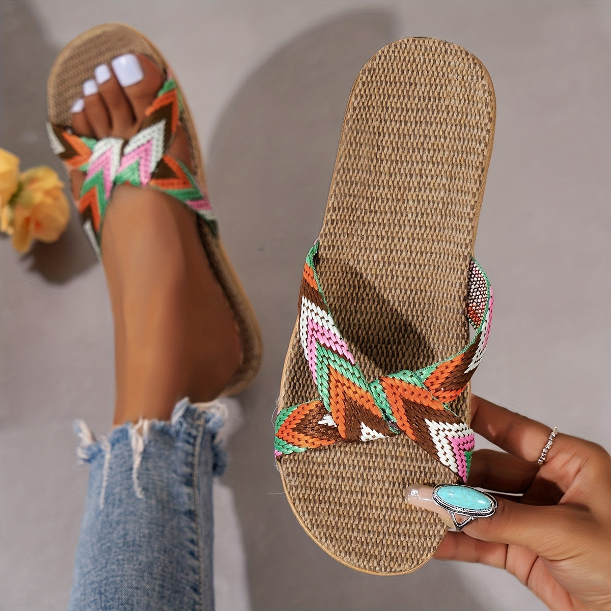Colorful Knit Slides Open Toe Slip on Shoes Casual & Fashionable